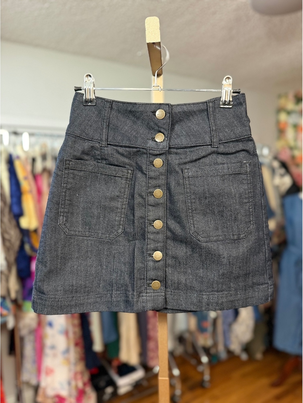 PILCRO Anthropologie Black Button Front Denim Mini Skirt NWOT 2 REG